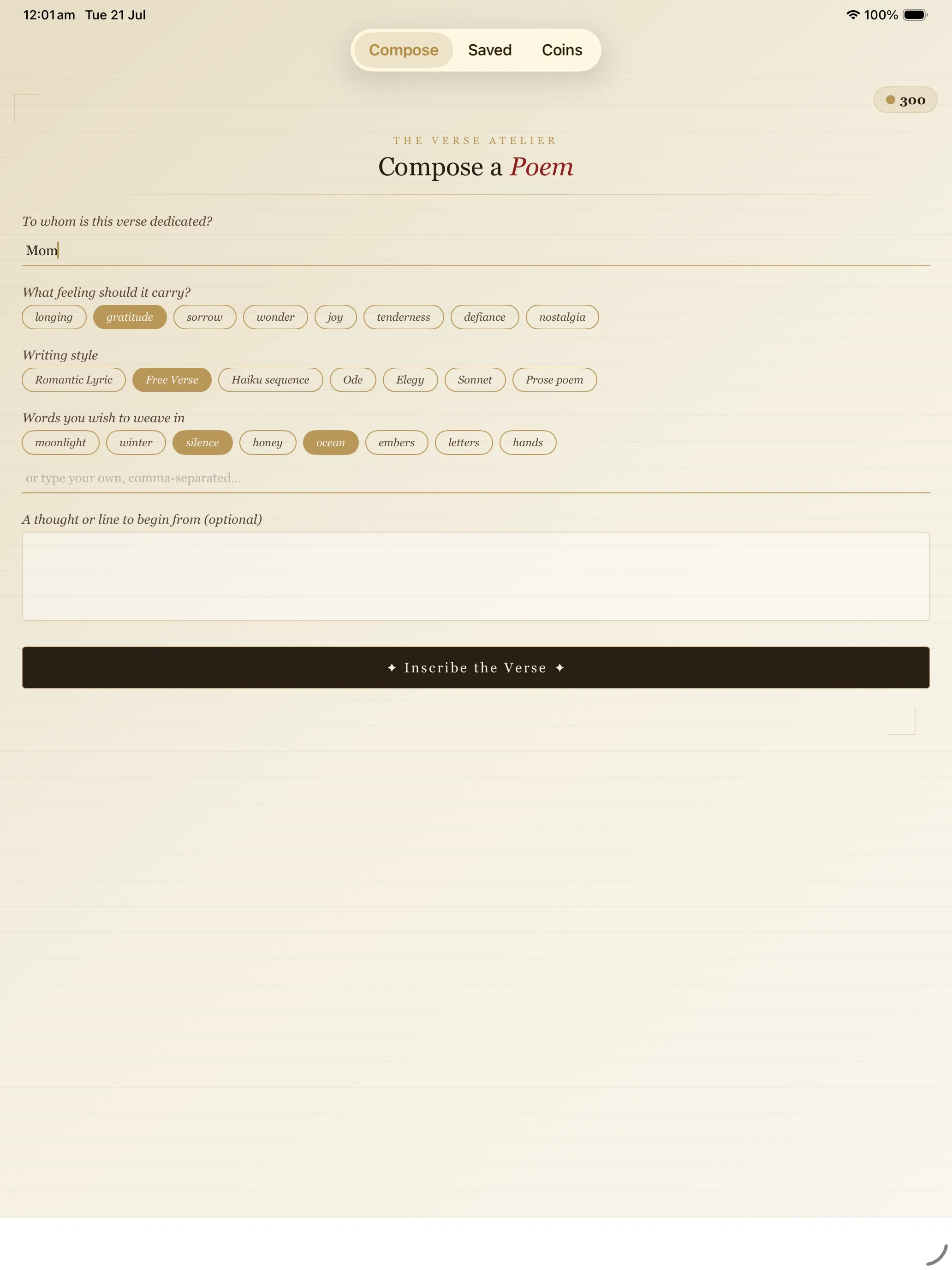The Compose screen on iPad with a feeling, a form and words to weave in selected